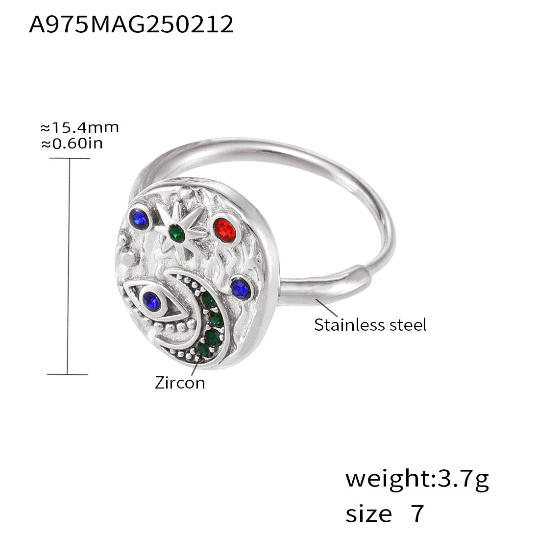 316L Stainless Steel Light Luxury 5A Zircon Star Moon Evil Eye Ring - Image 4