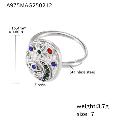 316L Stainless Steel Light Luxury 5A Zircon Star Moon Evil Eye Ring - Image 4