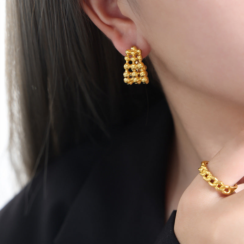 316L Stainless Steel Elegant C-shaped Half-Circle Metal Bead Chain Earrings - Image 4