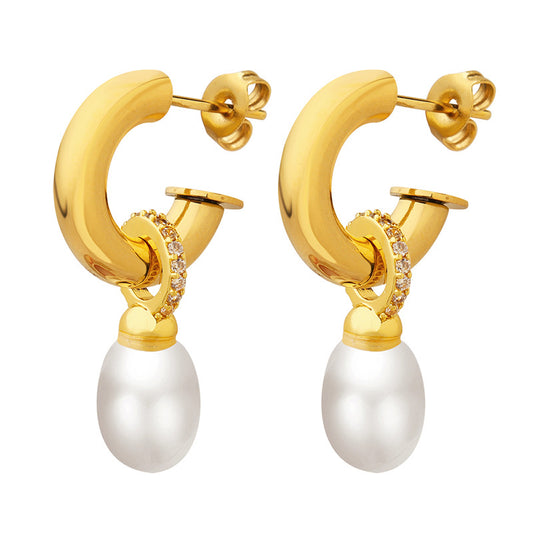 316L Stainless Steel Baroque Imitation Pearl C-Shape Stud Earrings - Image 4