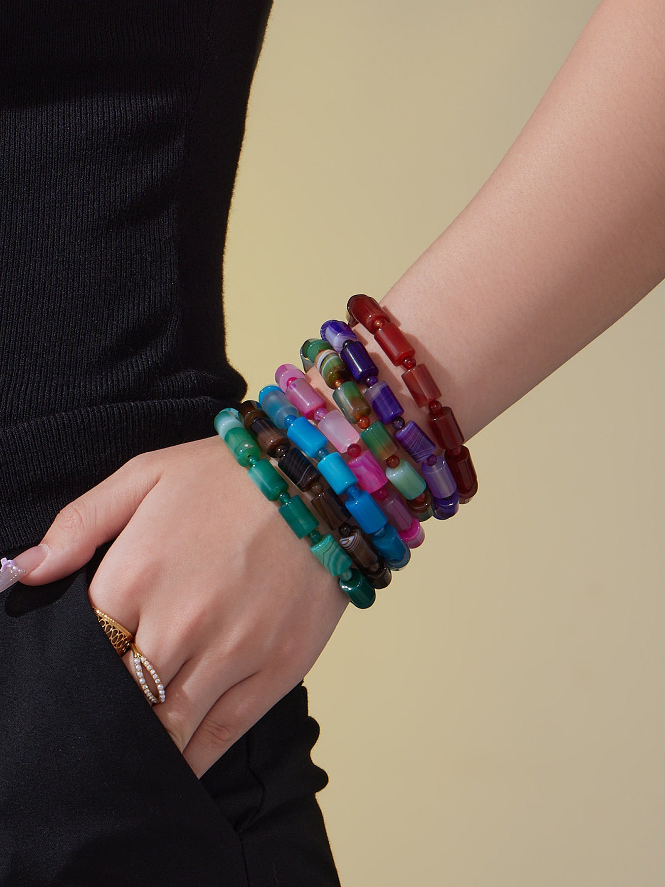 316L Stainless Steel pink natural stone stretch bracelet, gradient design