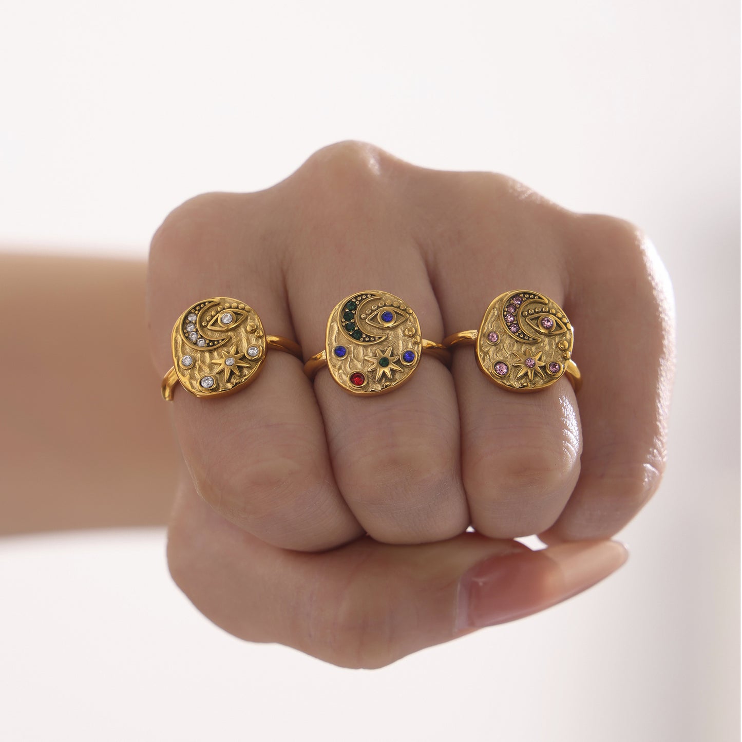 316L Stainless Steel Light Luxury 5A Zircon Star Moon Evil Eye Ring - Image 5