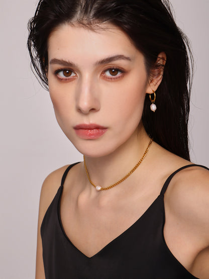 316L Stainless Steel 18K Gold Plated Minimalist Single Pearl Chain Necklace & Earring Set - Image 5