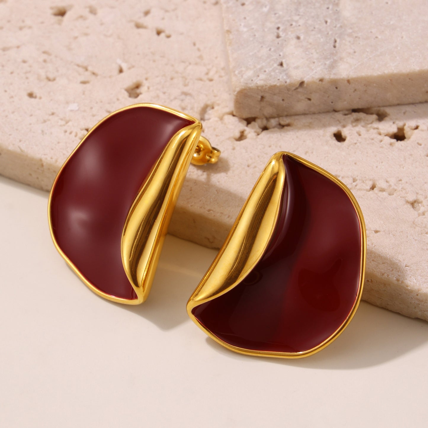 316L Stainless Steel 18K Gold Plated Geometric Red Enamel Drop Earrings - Image 6