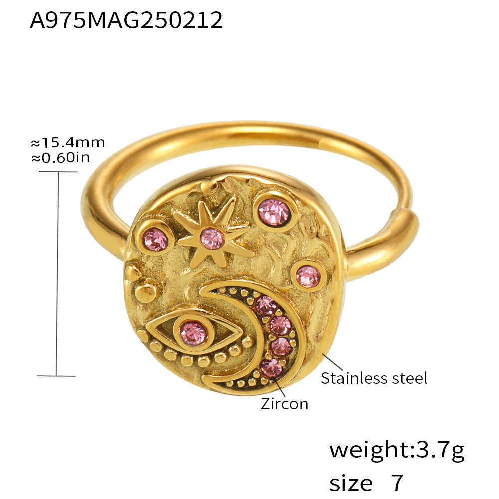316L Stainless Steel Light Luxury 5A Zircon Star Moon Evil Eye Ring - Image 6