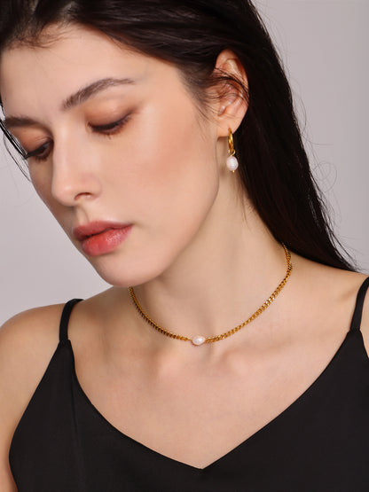 316L Stainless Steel 18K Gold Plated Minimalist Single Pearl Chain Necklace & Earring Set - Image 6