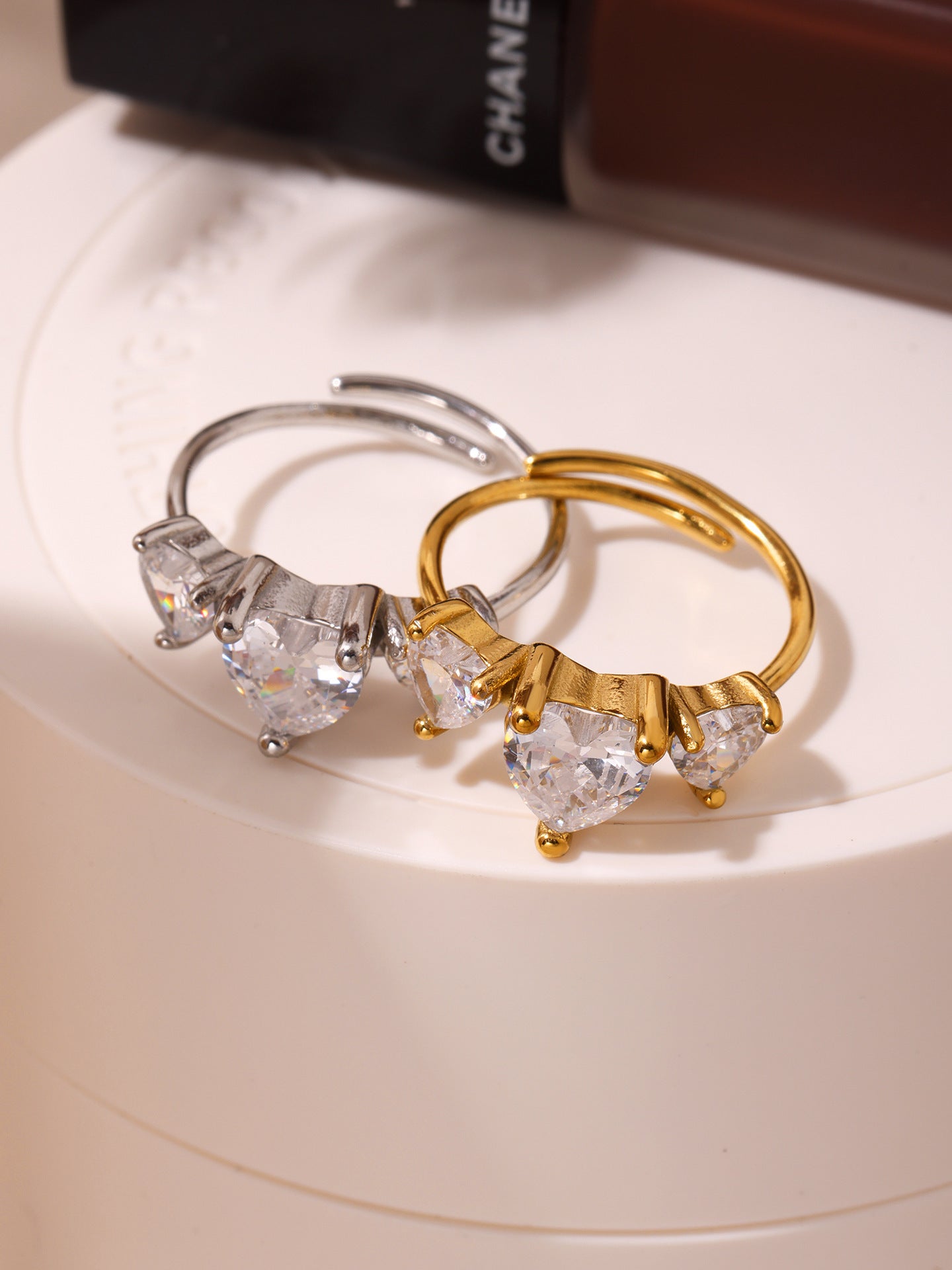 316L Stainless Steel Sweet Heart Super Shiny Zircon Adjustable Ring - Image 6