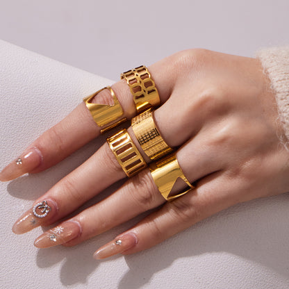 316L Stainless Steel 18K Gold Plated Wide Openwork Adjustable Ring Set - Image 6