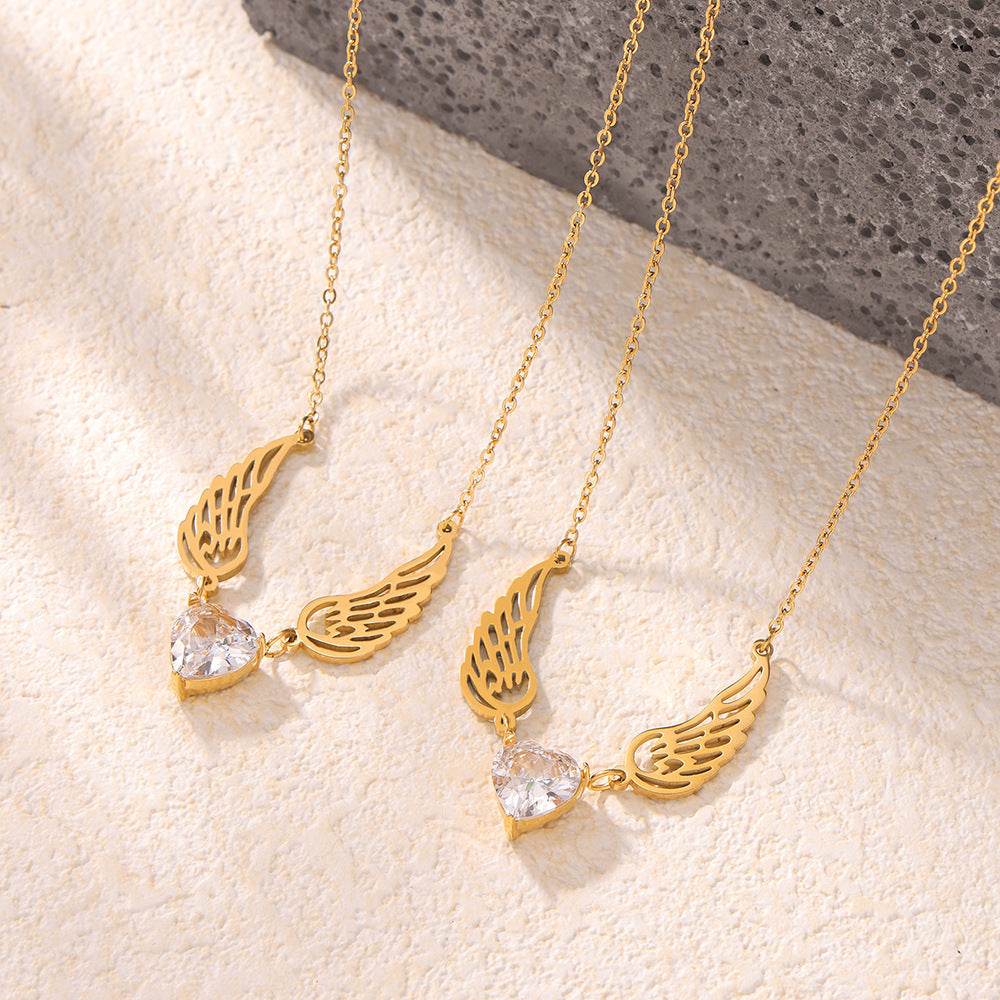316L Stainless Steel Elegant Heart Zircon Angel Wings Versatile Necklace - Image 6