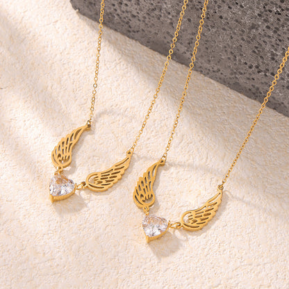 316L Stainless Steel Elegant Heart Zircon Angel Wings Versatile Necklace - Image 6