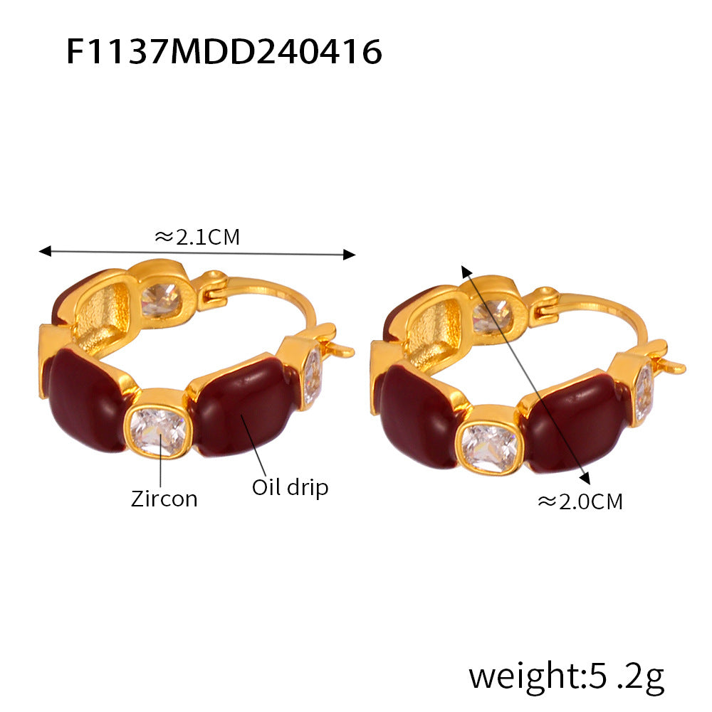 316L Stainless Steel 18K Gold Plated Geometric Red Enamel Drop Earrings - Image 7