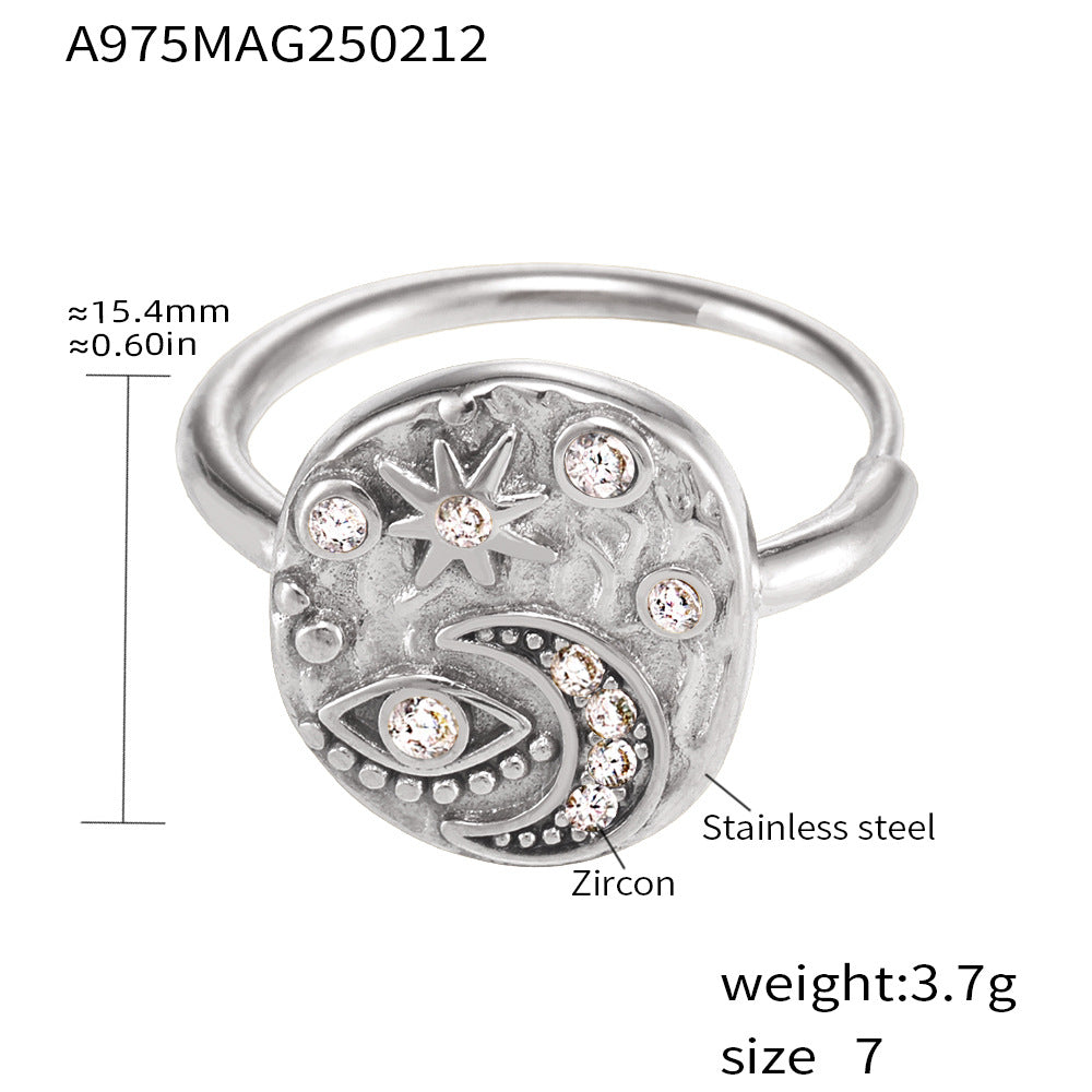 316L Stainless Steel Light Luxury 5A Zircon Star Moon Evil Eye Ring - Image 7