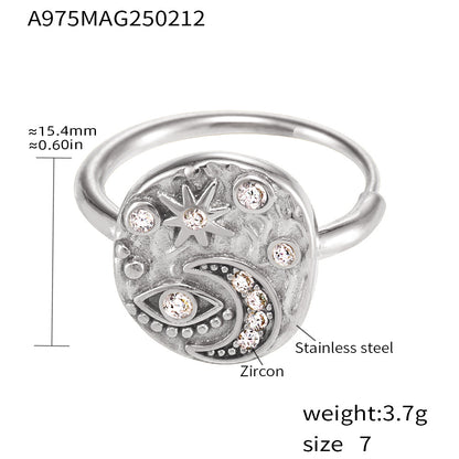 316L Stainless Steel Light Luxury 5A Zircon Star Moon Evil Eye Ring - Image 7