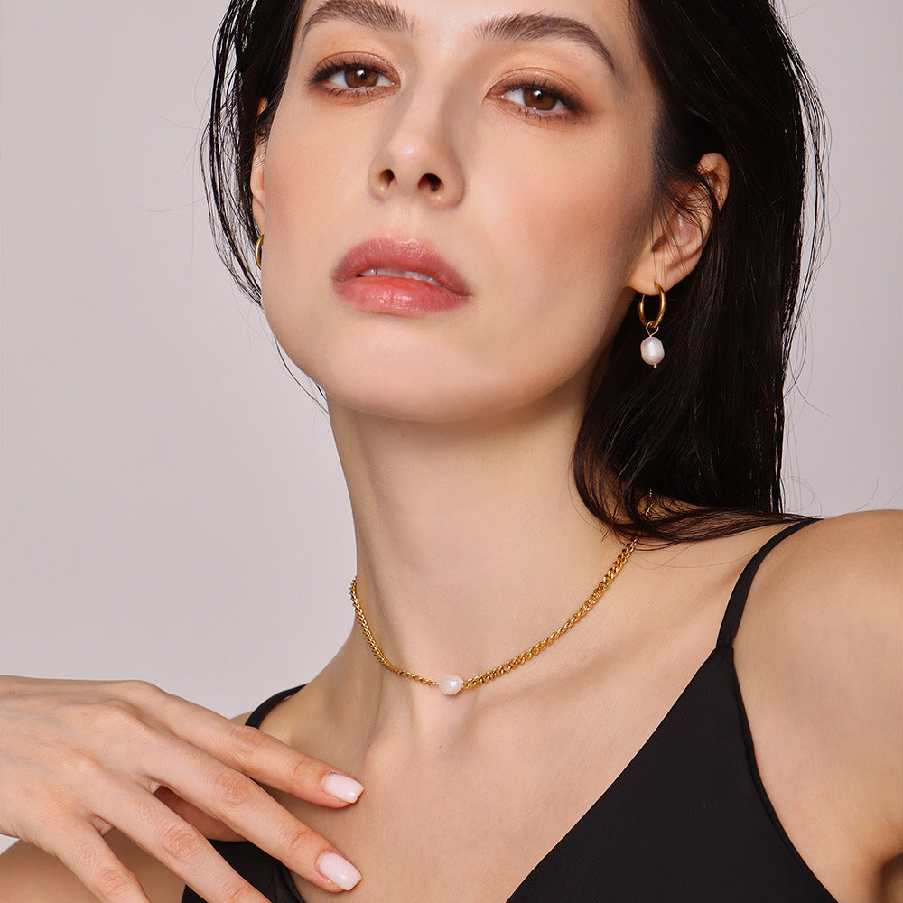 316L Stainless Steel 18K Gold Plated Minimalist Single Pearl Chain Necklace & Earring Set - Image 7