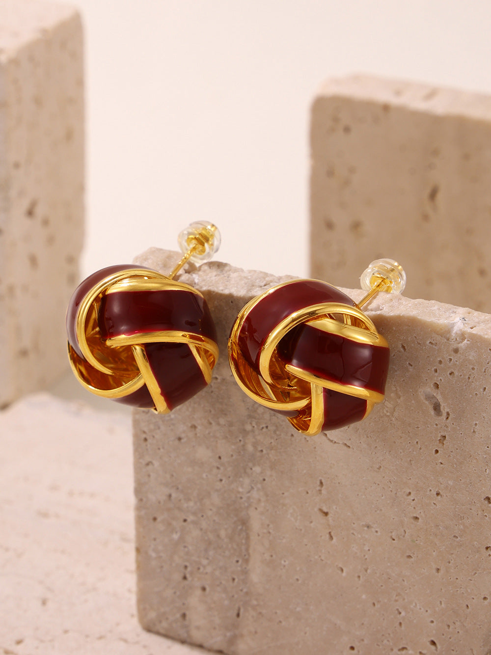 316L Stainless Steel 18K Gold Plated Geometric Red Enamel Drop Earrings - Image 8