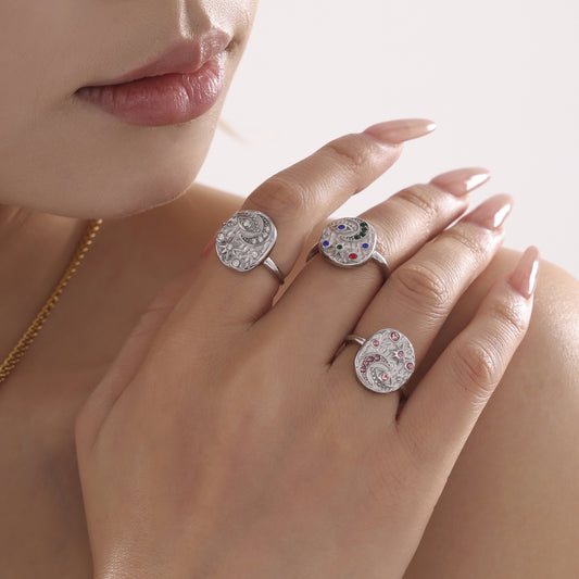 316L Stainless Steel Light Luxury 5A Zircon Star Moon Evil Eye Ring - Image 8