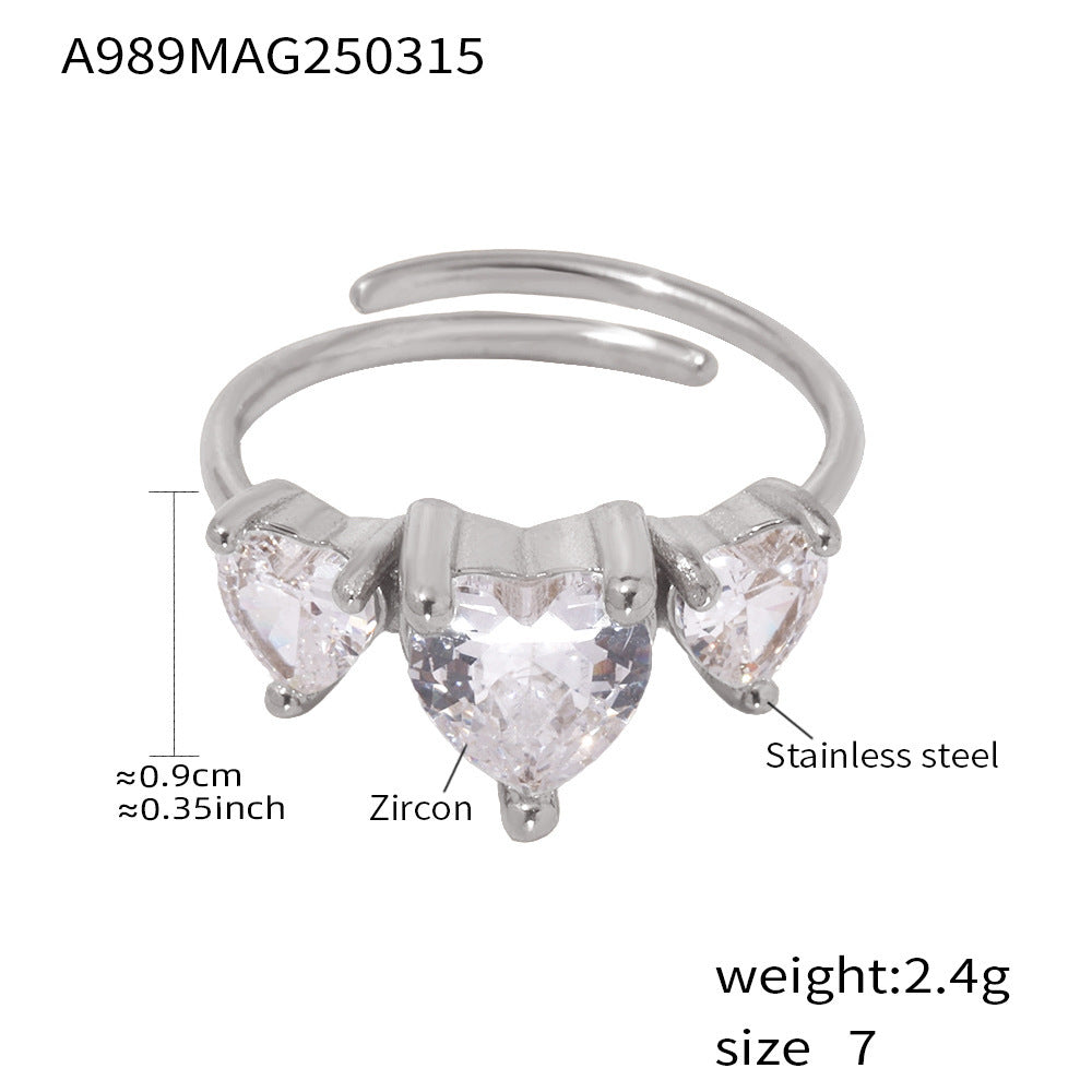 316L Stainless Steel Sweet Heart Super Shiny Zircon Adjustable Ring - Image 8