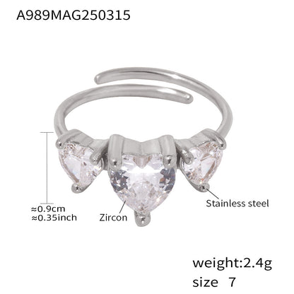 316L Stainless Steel Sweet Heart Super Shiny Zircon Adjustable Ring - Image 8