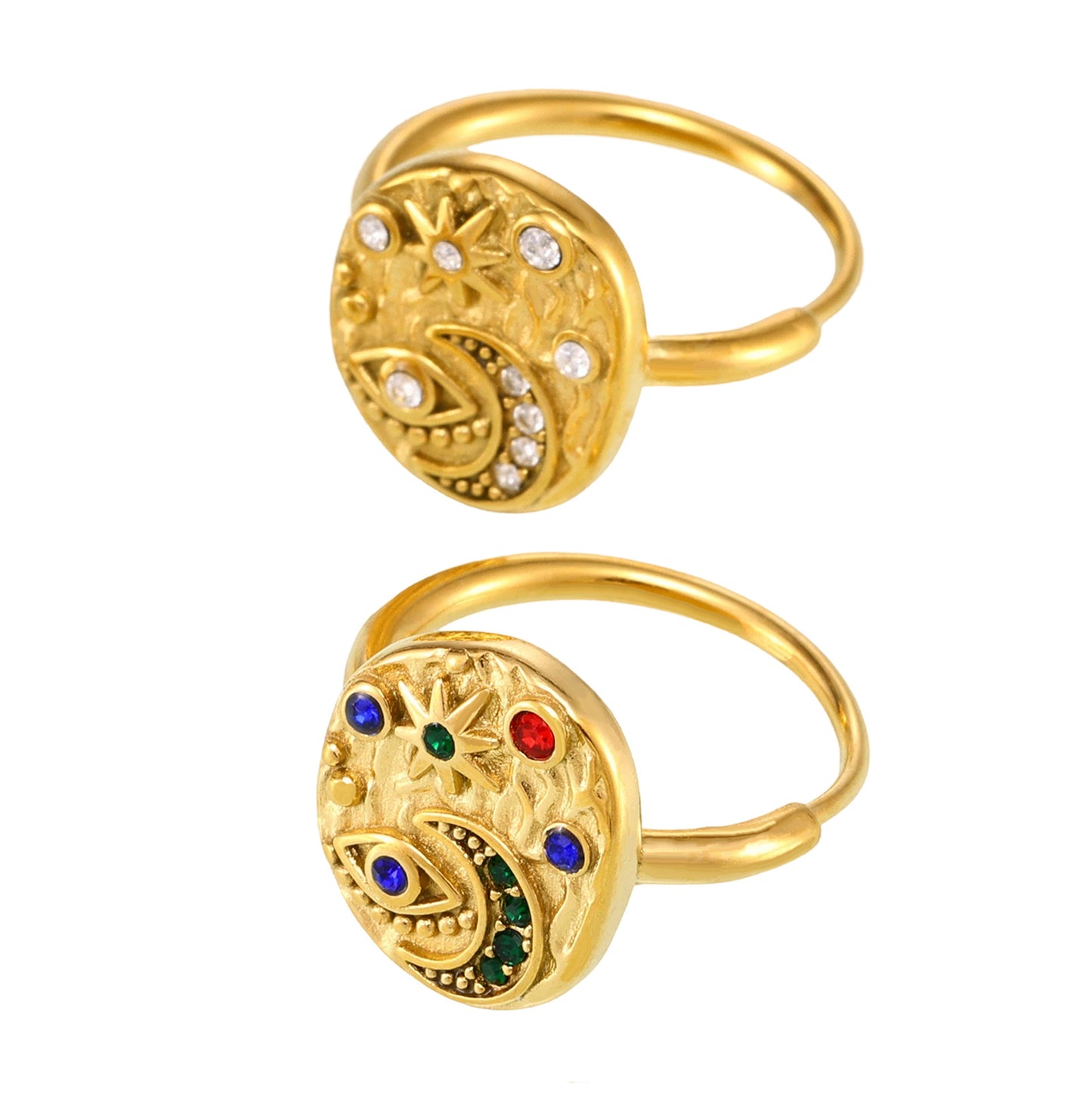 316L Stainless Steel Light Luxury 5A Zircon Star Moon Evil Eye Ring - Image 9