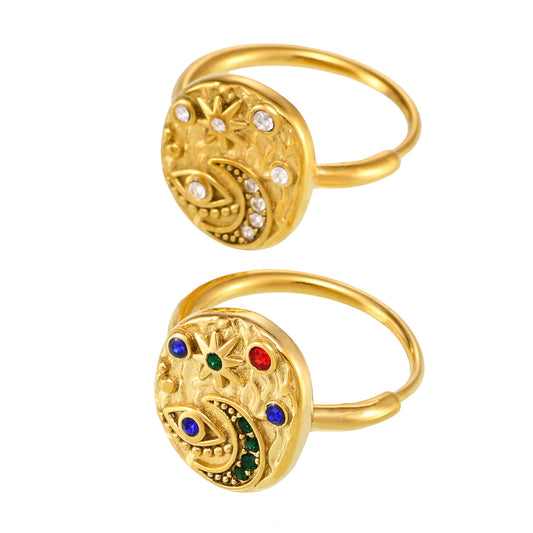 316L Stainless Steel Light Luxury 5A Zircon Star Moon Evil Eye Ring - Image 9