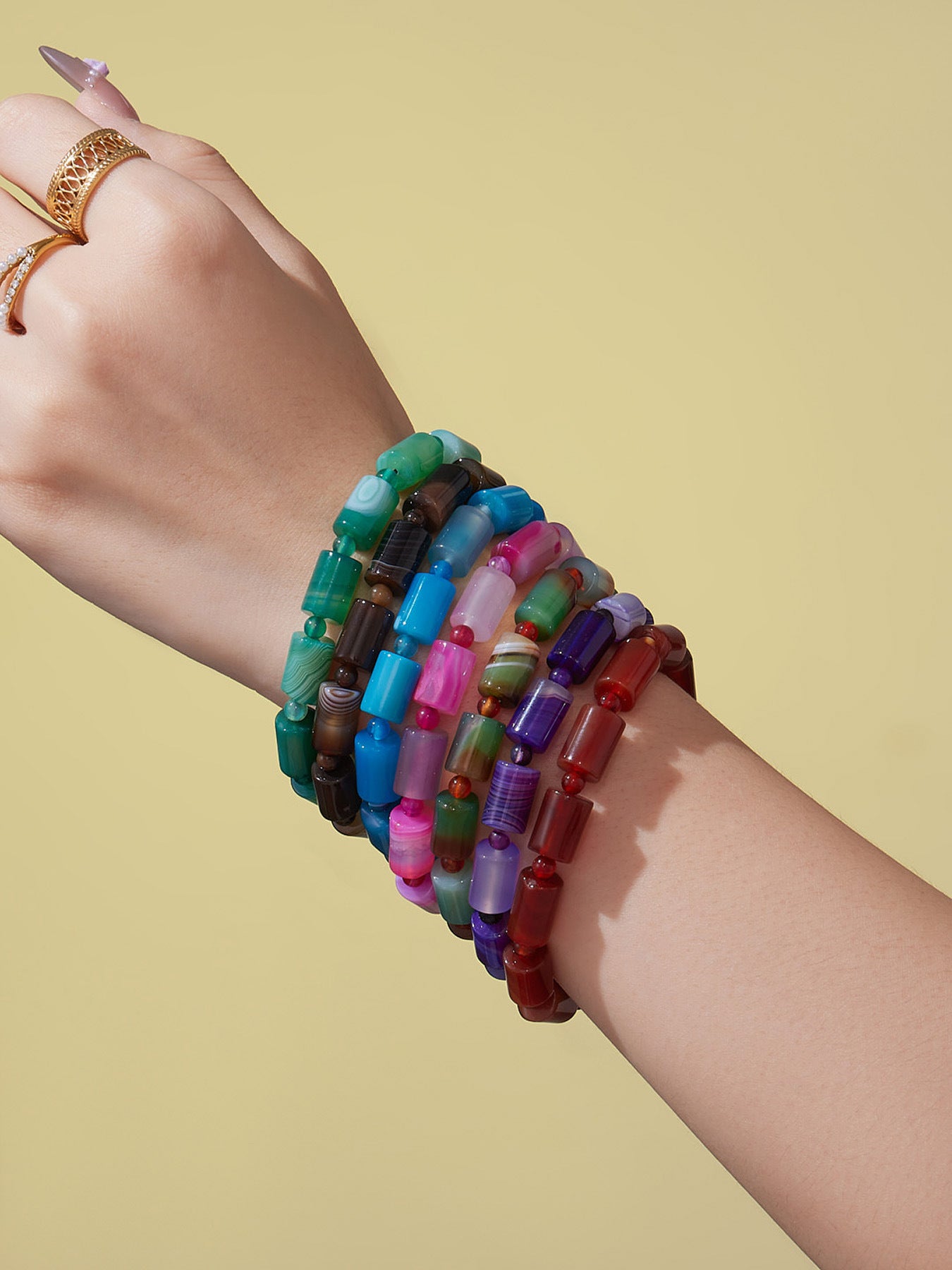 Model wearing 316L Stainless Steel natural stone stretch bracelet, bohemian chic style