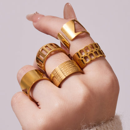 316L Stainless Steel 18K Gold Plated Wide Openwork Adjustable Ring Set - Image 9