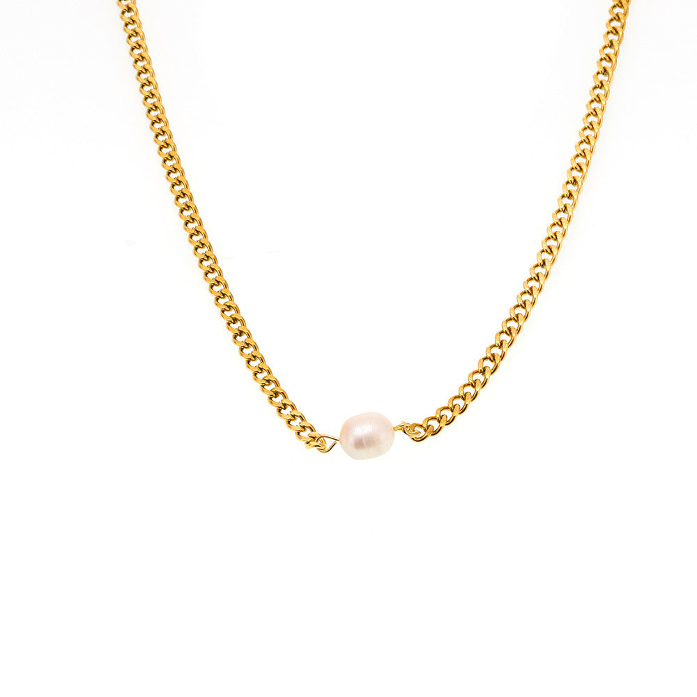 316L Stainless Steel 18K Gold Plated Minimalist Single Pearl Chain Necklace & Earring Set - Image 9