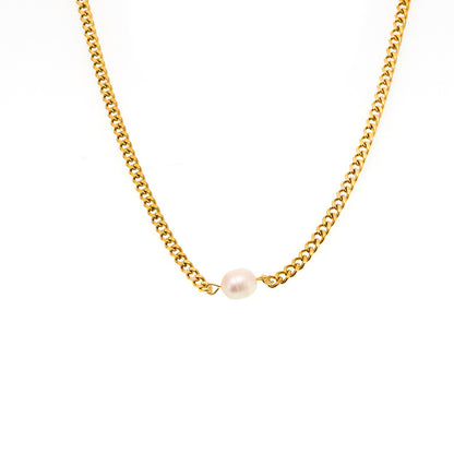 316L Stainless Steel 18K Gold Plated Minimalist Single Pearl Chain Necklace & Earring Set - Image 9