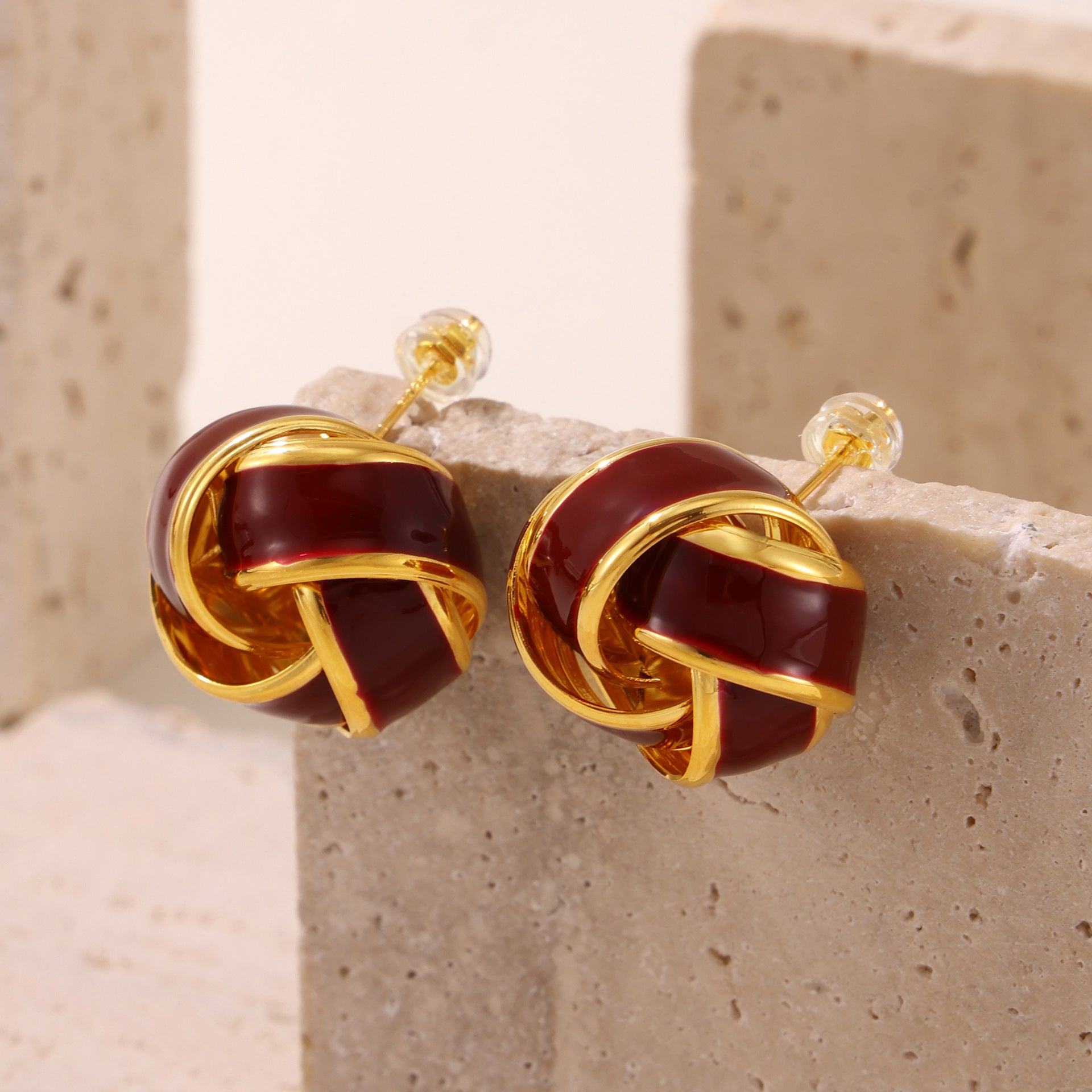 316L Stainless Steel 18K Gold Plated Geometric Red Enamel Drop Earrings - Image 9