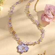 Purple crystal bead necklace with pink resin flower pendant for wholesale boutique floral jewelry collections