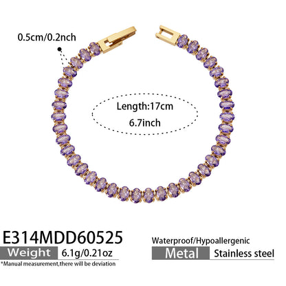 Purple CZ tennis bracelet in 316L stainless steel with 18K PVD gold finish for mixed-style wholesale orders