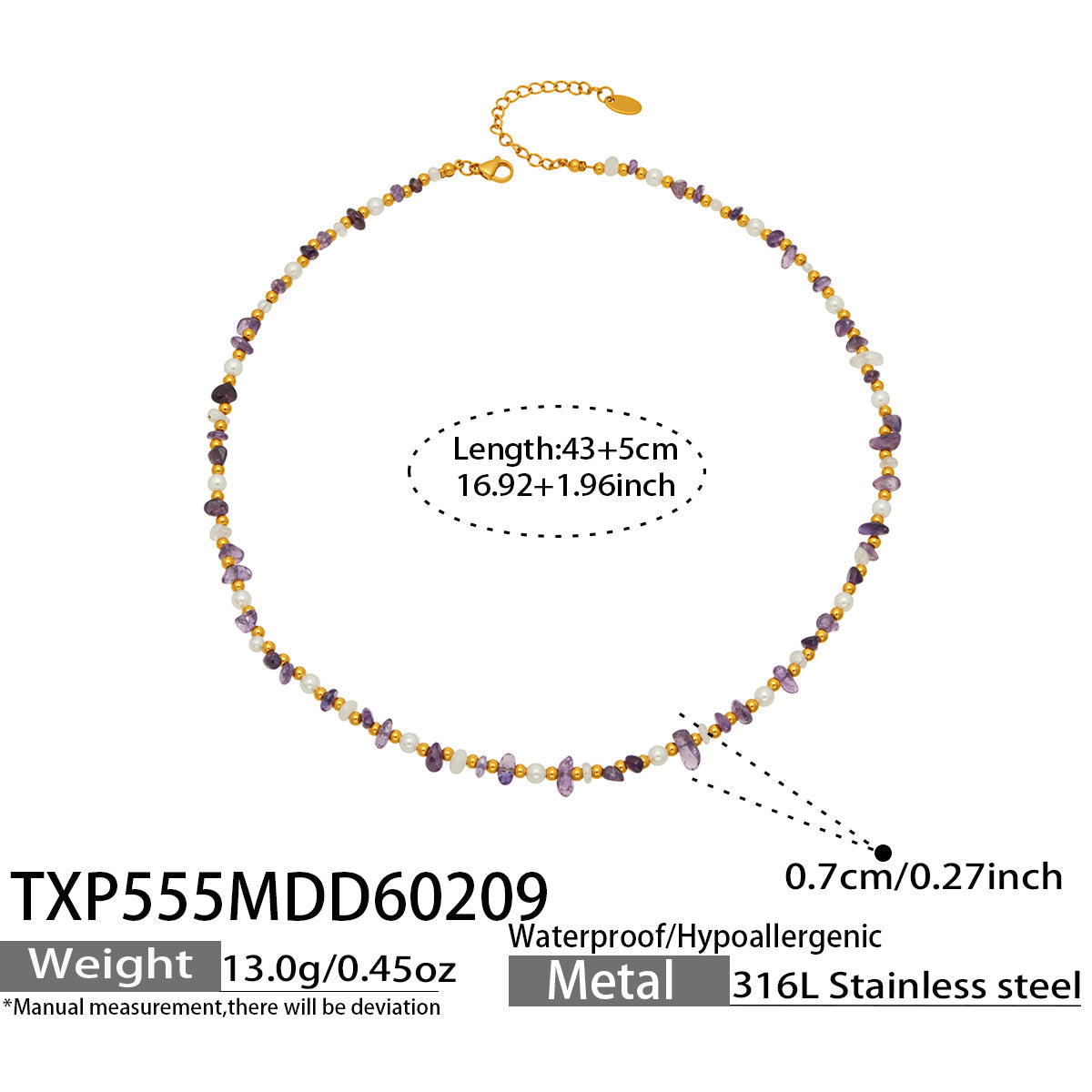 Purple natural stone bracelet dimensions, bead details and adjustable length guide