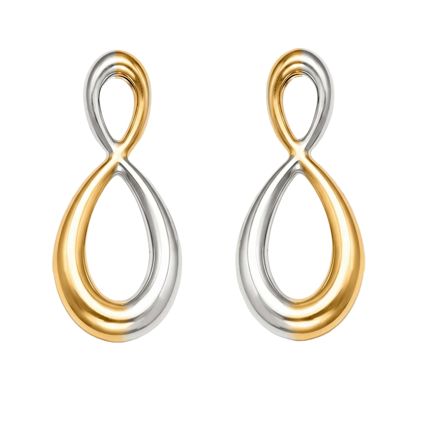 316L Stainless Steel Mixed Metal Two-Tone Infinity Drop Earrings, 18K Gold PVD plated figure-eight minimalist jewelry for women.