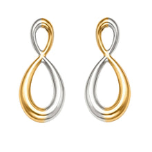 316L Stainless Steel Mixed Metal Two-Tone Infinity Drop Earrings, 18K Gold PVD plated figure-eight minimalist jewelry for women.