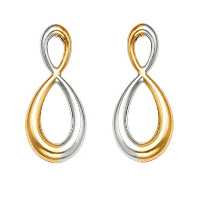 316L Stainless Steel Mixed Metal Two-Tone Infinity Drop Earrings, 18K Gold PVD plated figure-eight minimalist jewelry for women.