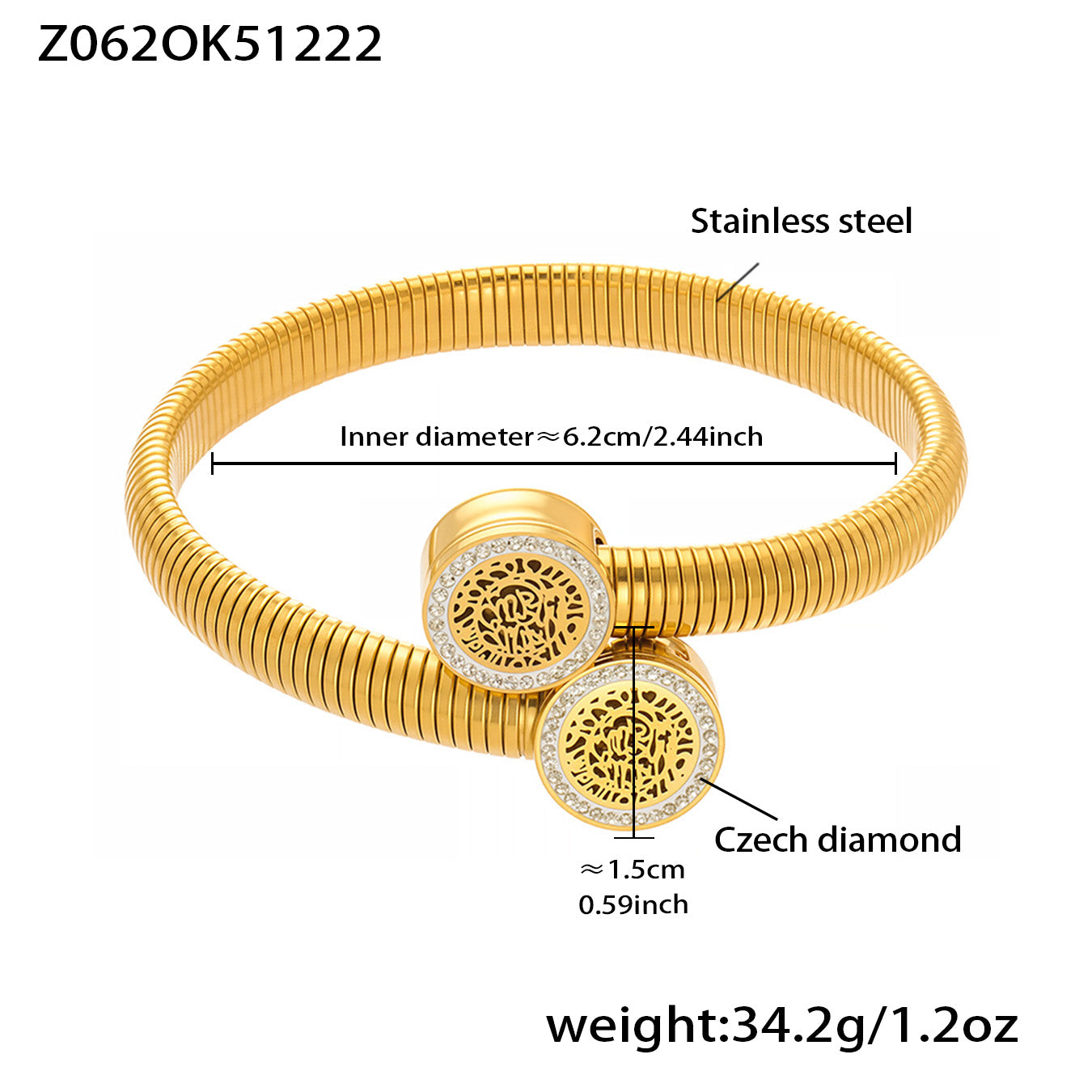 Gold PVD plated Czech diamond bangle: 6.2cm inner diameter 34.2g weight sparkling accents