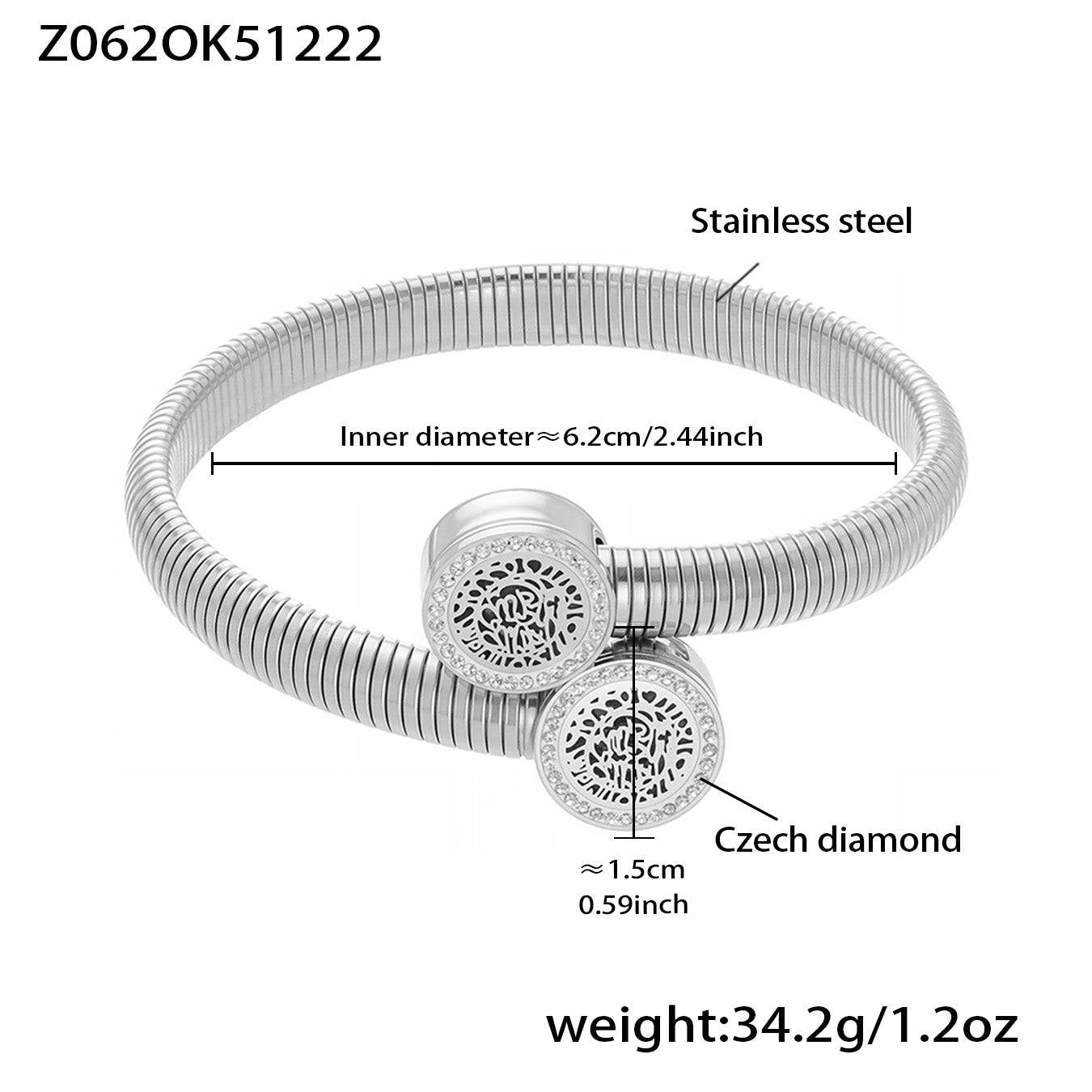 Silver PVD plated Czech diamond bangle: 6.2cm inner diameter 34.2g weight elegant design