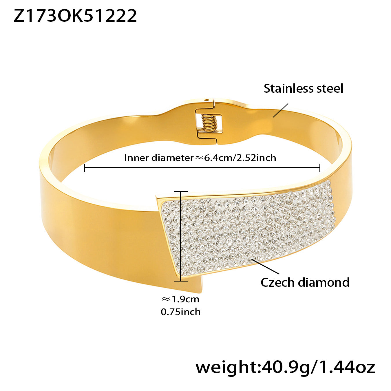Gold PVD plated Czech diamond open bangle: 6.4cm inner diameter 40.9g weight luxury look