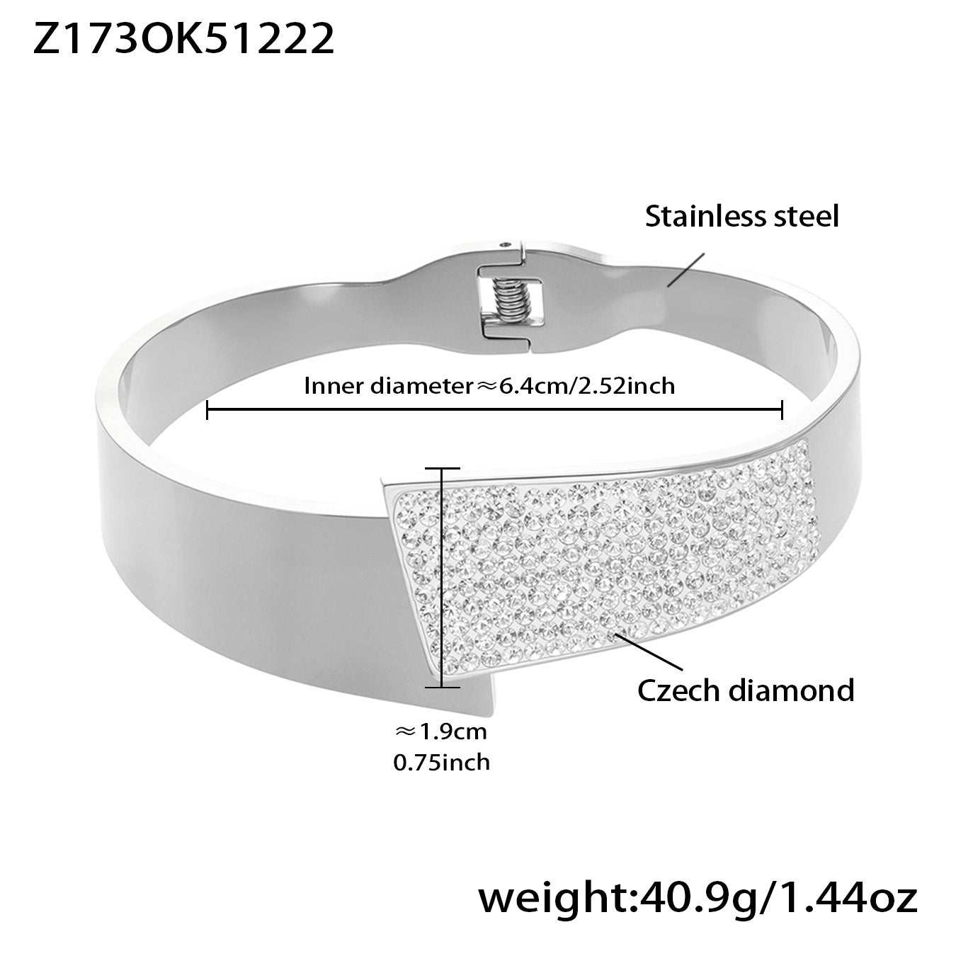 Silver PVD plated Czech diamond open bangle: 6.4cm inner diameter 40.9g weight bold style