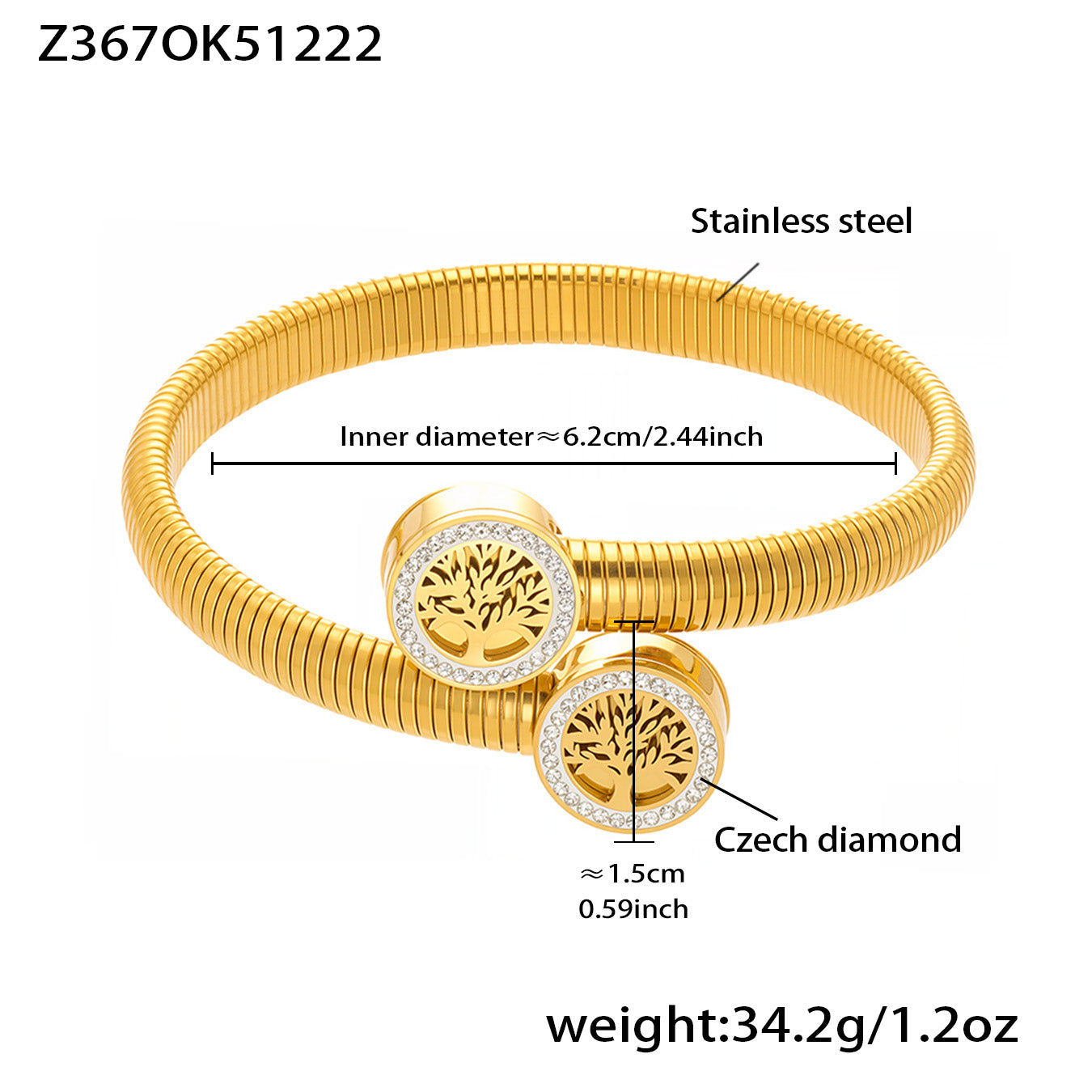 Gold PVD plated tree of life Czech diamond bangle: 6.2cm inner diameter 34.2g weight stylish & durable