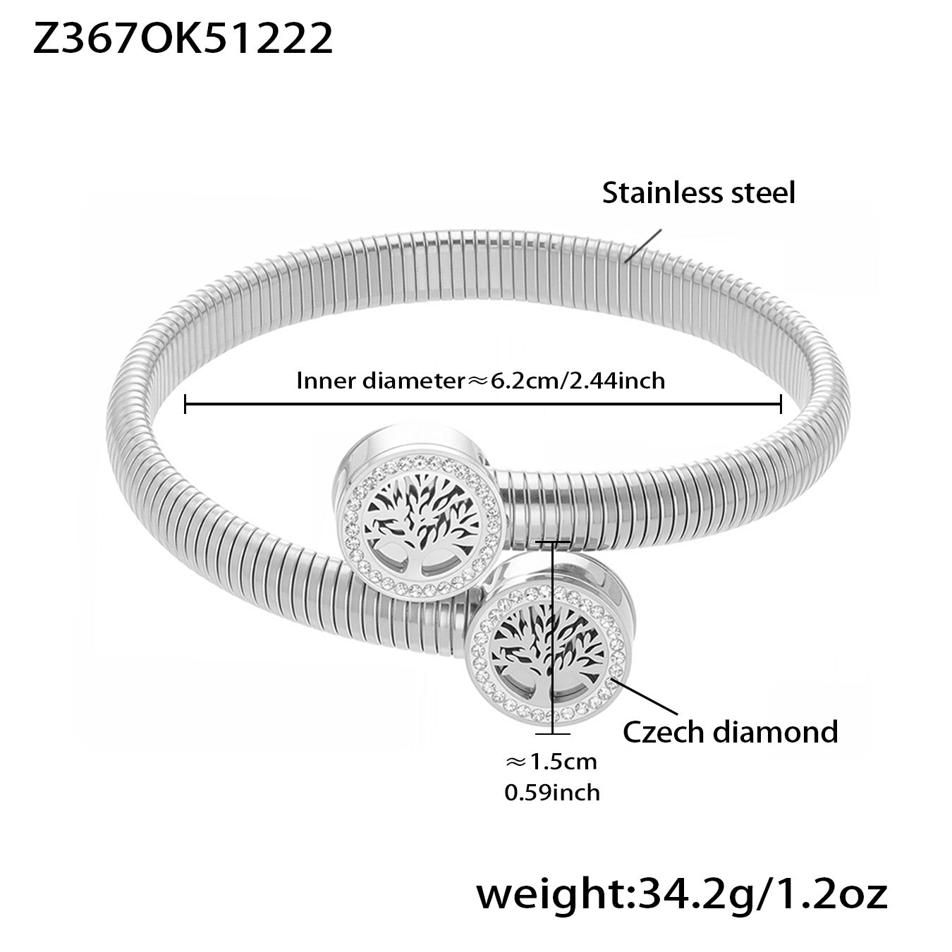 Silver PVD plated tree of life Czech diamond bangle: 6.2cm inner diameter 34.2g weight meaningful design