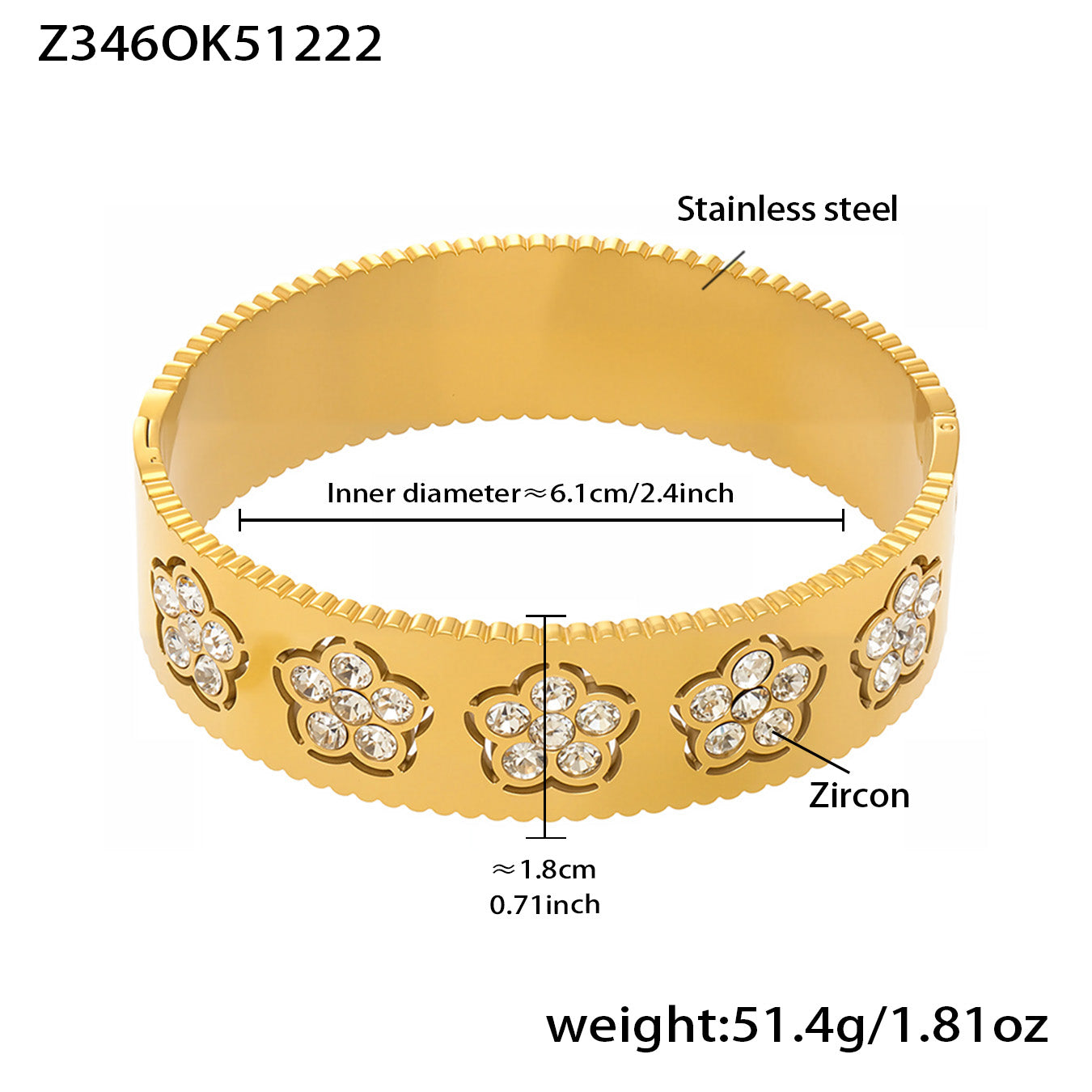 Gold PVD plated zircon flower open bangle: 6.1cm inner diameter 51.4g weight luxury fade-resistant