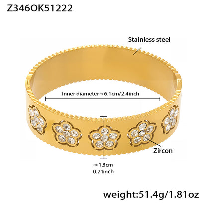 Gold PVD plated zircon flower open bangle: 6.1cm inner diameter 51.4g weight luxury fade-resistant
