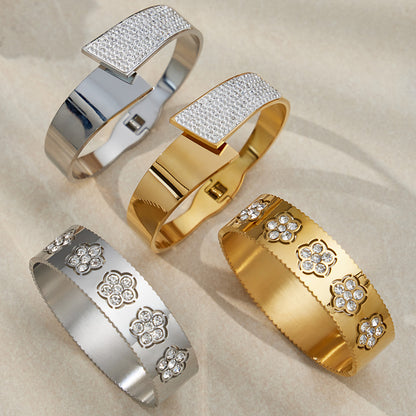 PVD gold & silver plated zircon flower open bangle set: sparkling zircon accents