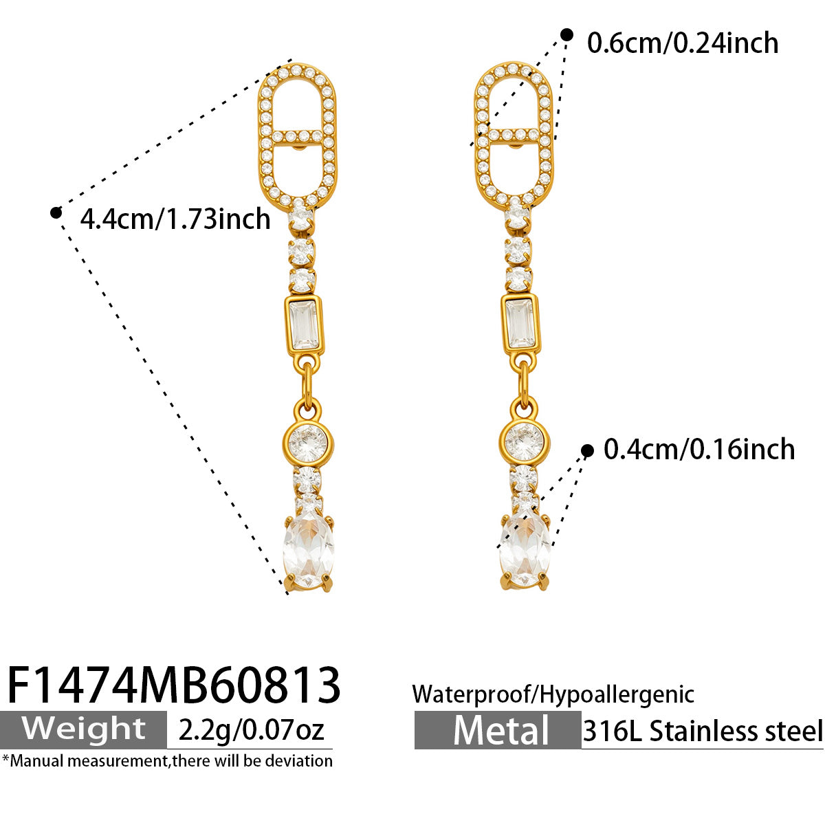 Gold rectangular-link cubic zirconia drop earrings size and product detail guide