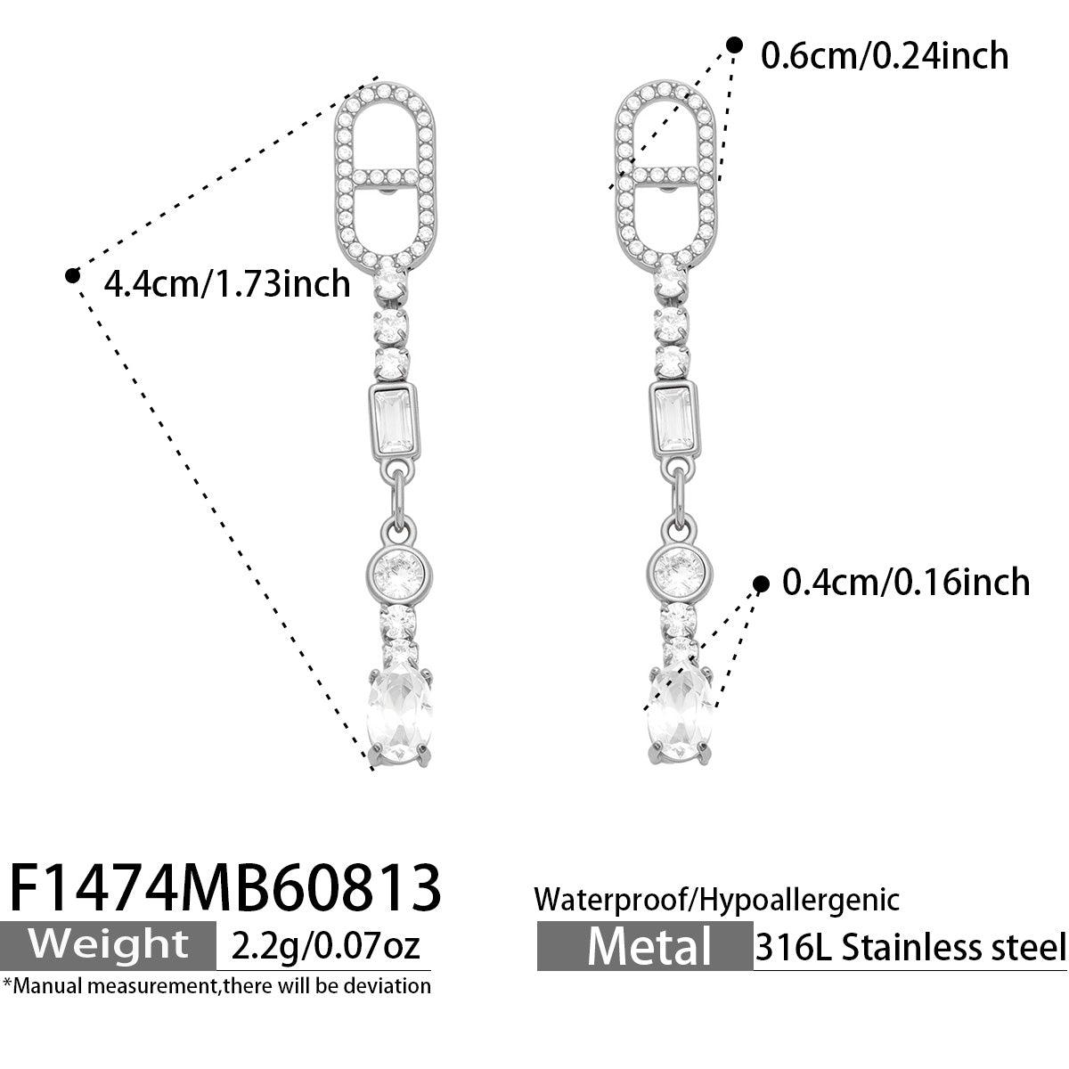 Steel rectangular-link cubic zirconia drop earrings size and product detail guide