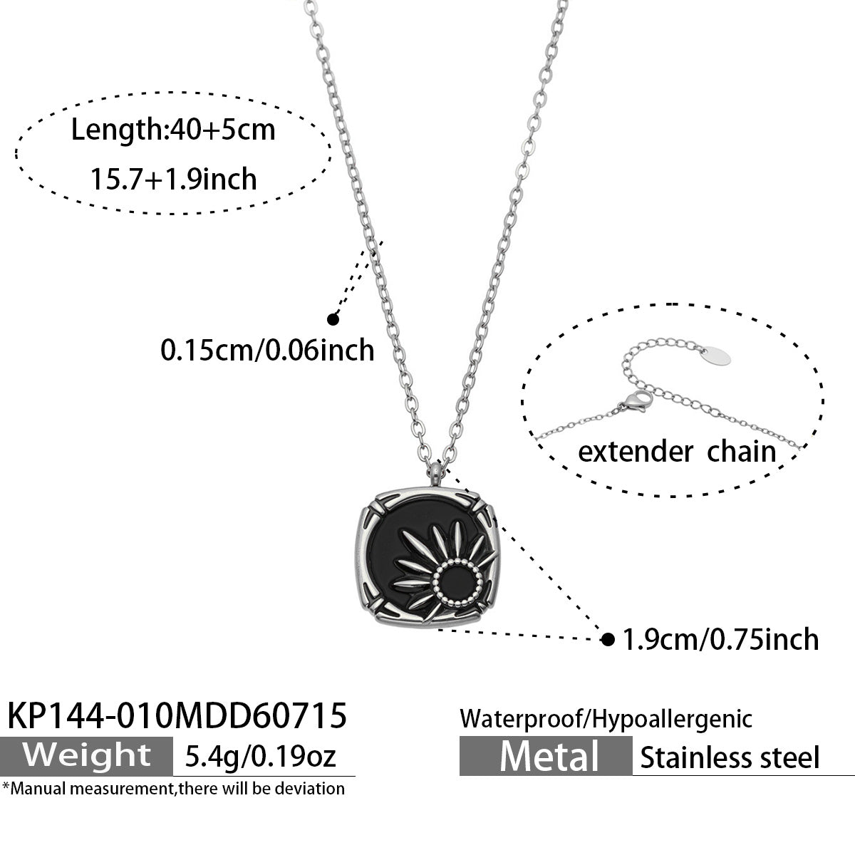 Polished steel rectangular tag pendant necklace dimensions and chain length guide