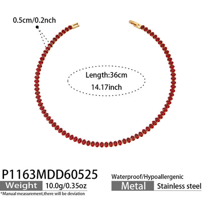 Red CZ tennis necklace in 18K PVD gold plated stainless steel for gift shops and boutique jewelry buyers