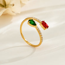 Gold stainless steel open rings with red and green colored glass and white cubic zirconia accents