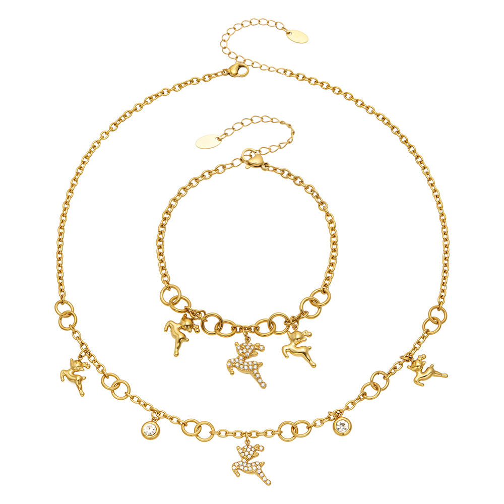 MiduoduoJewelry gold reindeer zircon necklace and matching deer charm bracelet displayed together